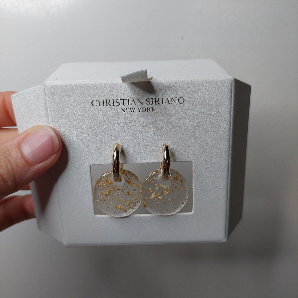 NEW Christian Siriano New York Clear Round Drop Earing With Gold Specks!  1 1/4" - Picture 3 of 6